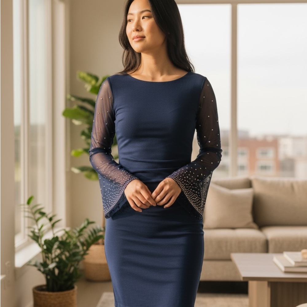Elegant Navy Long Sleeve Dress with Sheer Accents